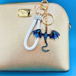 🐉 FLYING DRAGON Keychain Bag Charm Gold-Tone Hardware Rhinestones, Blue or Green